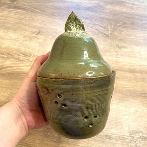 Handmade ceramic dish / candle holder / decor piece - green brown glaze - lid